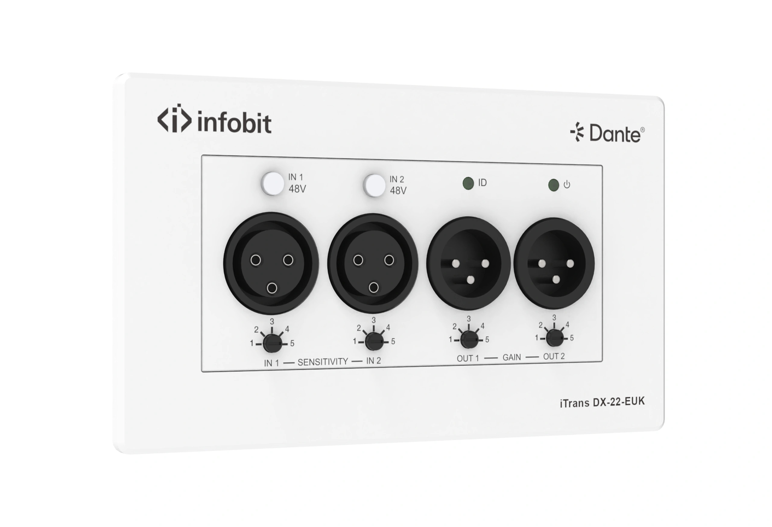 Конвертер Infobit [iTrans DX-22-EUK] Dante - аналог. 2 аналоговых входа XLR(F), 2 аналоговых выхода XLR(M), 1xRJ45(Dante). Поддержка фантомного питания. Питание PoE