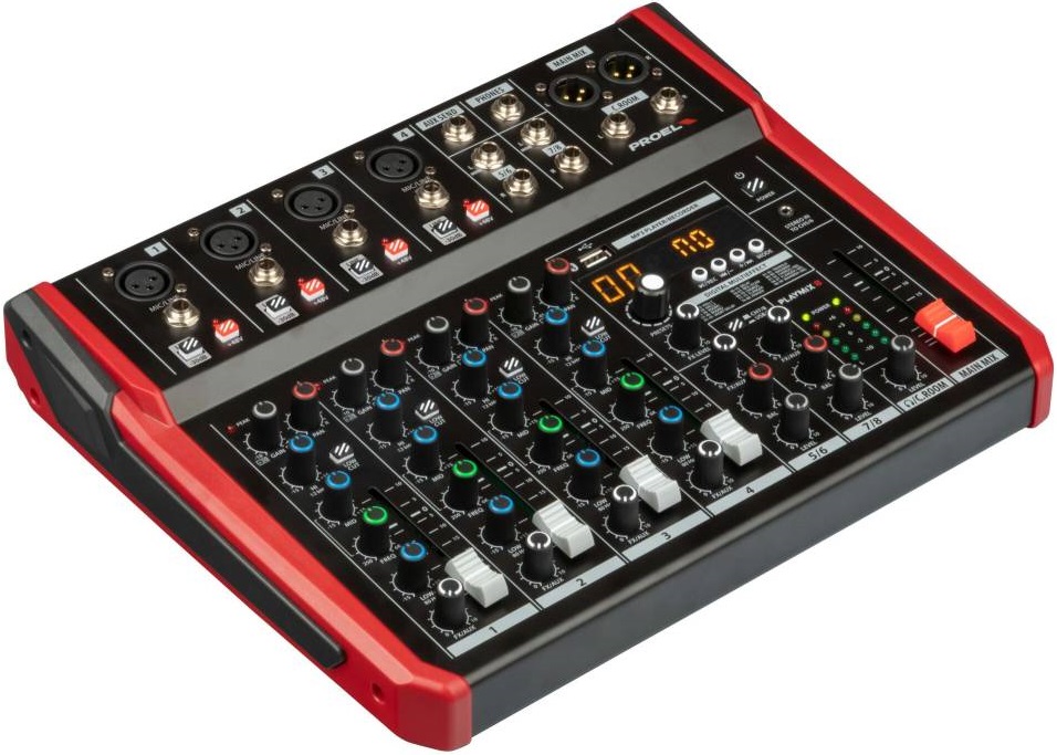 Микшерный пульт PROEL [PLAYMIX8] 8-ми канальный, 24 бит/48 кГц DSP, Bluetooth, медиа-плеер, 4x XLR+1/4" TRS микр./лин. входа, 2х 1/4" TRS (L/R) стерео лин. входа, 2x XLR Main вых., 2x 1/4" TRS вых. для мониторов, USB аудио интерфейс, 2x USB-A порта
